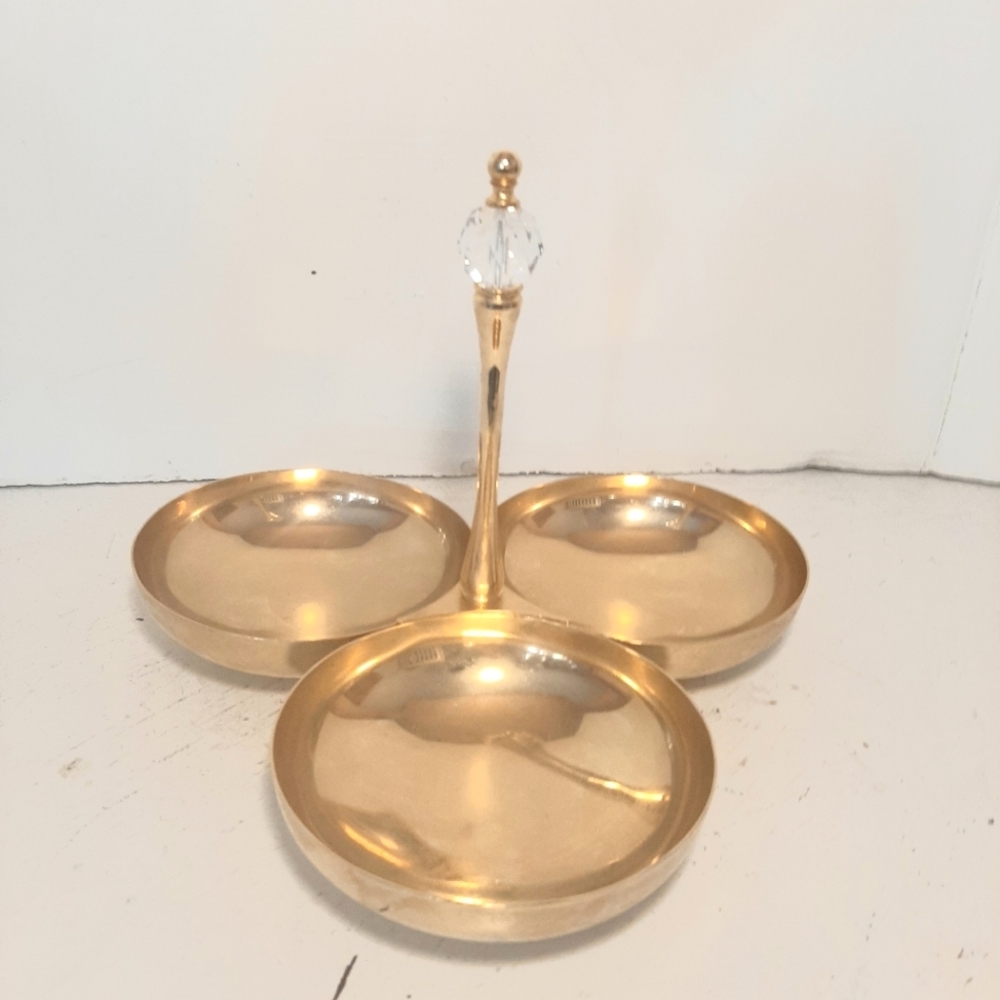 Elegant Bright Gold Colored MetalServing Tray with Crystal. Each dish 4 inches.